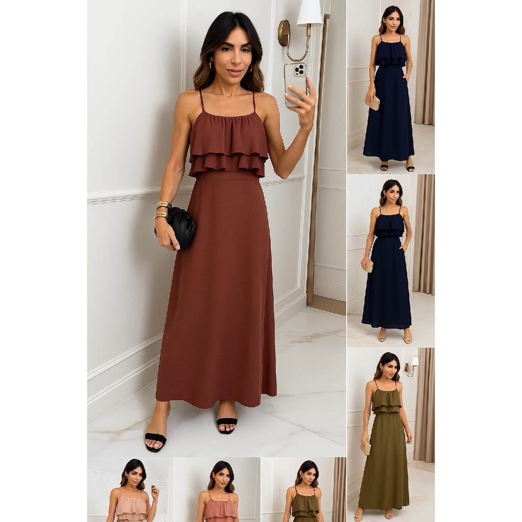 Vestido Feminino Longo com Bojo e Forro Babado de Luxo Vestido feminino Longo luxo Com Bojo Forrado  Babado Com Elástico