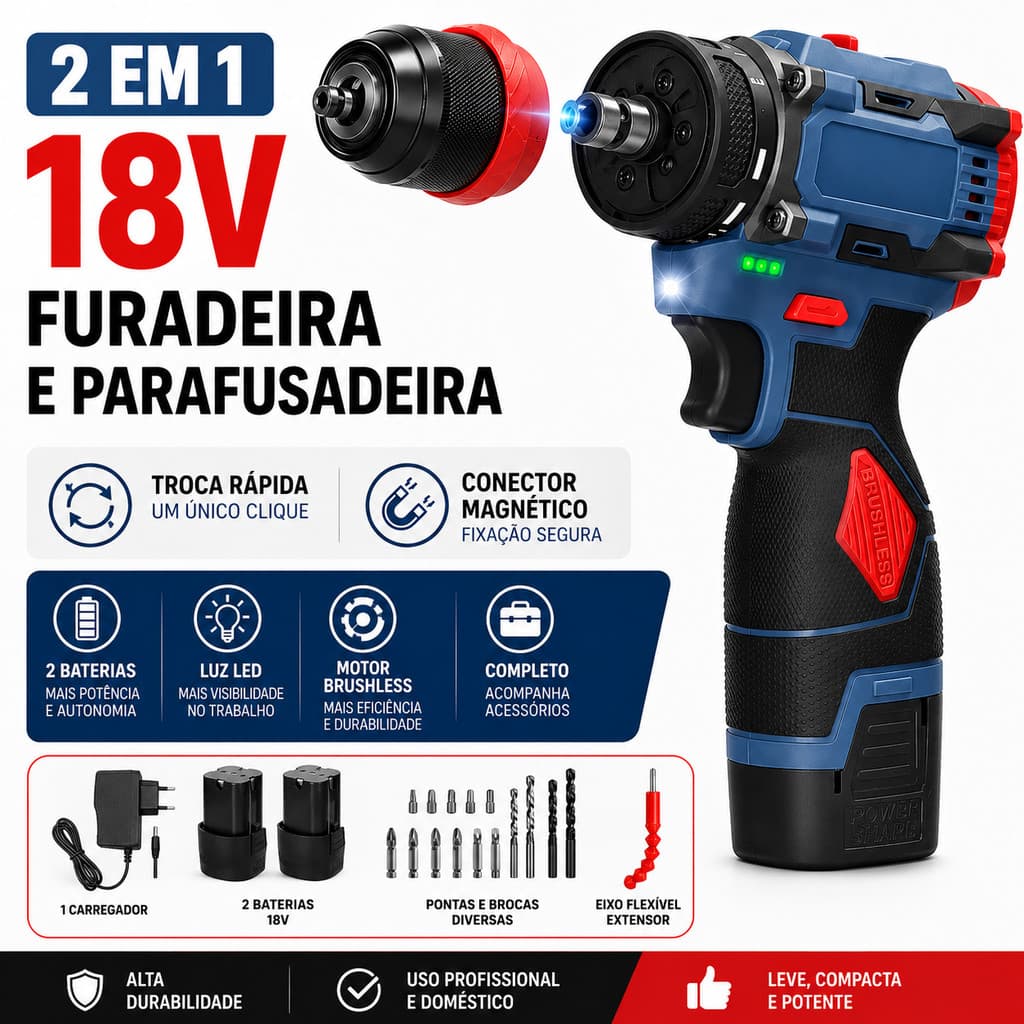 Parafusadeira Elétrica 1/2 Bateriascom Furadeira De Lítio 2 Em 1 De 18V E Torque De 55 Nm Com Motor