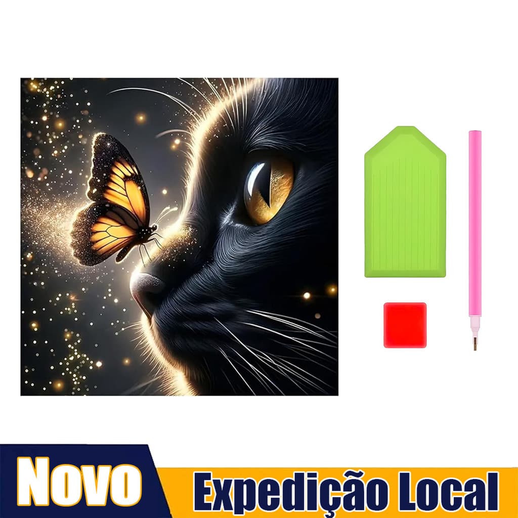 "Gato Preto e borboleta luz" Praça diamante pintura diamante, 30x30cm, 5D Pintura decorativa,quarto sala estar Decoração