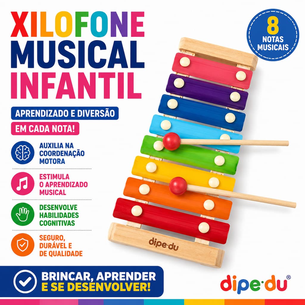 Xilofone Infantil Musical 8 Notas Colorido Educativo Com Baquetas Brinquedo Montessori