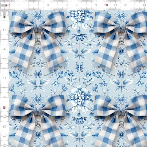 Tecido Tricoline Digital 3D Laços Azuis Xadrez Patchwork Costura Ateliê Pano DIY Artesanato