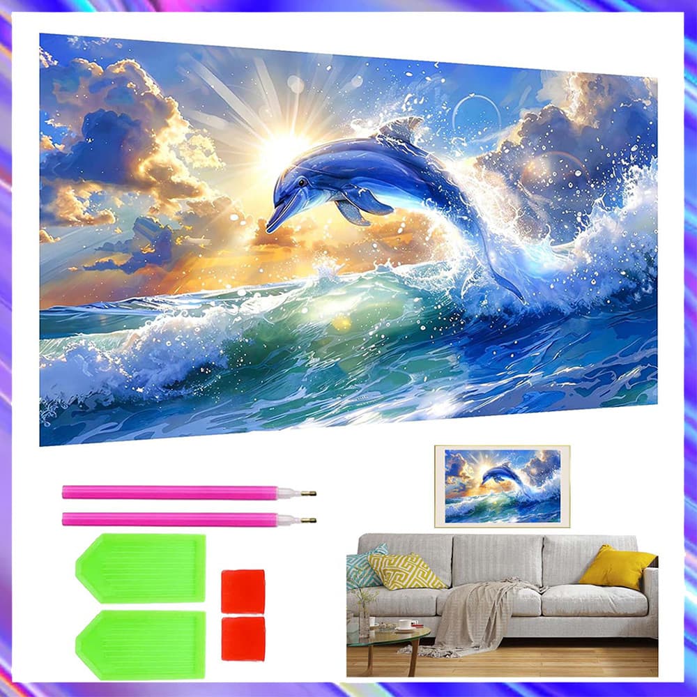 Golfinhos, pintura com diamantes quadrados 5D DIY, kit completo de ferramentas para pintura com diamantes, 70 x 40 cm