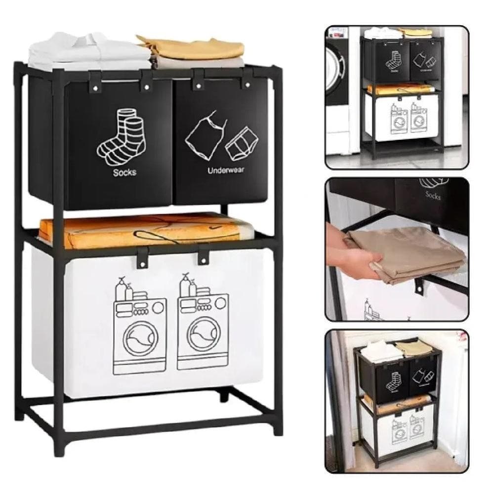 CESTO DE LAVANDERIA TRIPLO METAL 3 DIVISORIAS ESTANTE ORGANIZADOR ROUPA SUJA BANHEIRO ARMARIO