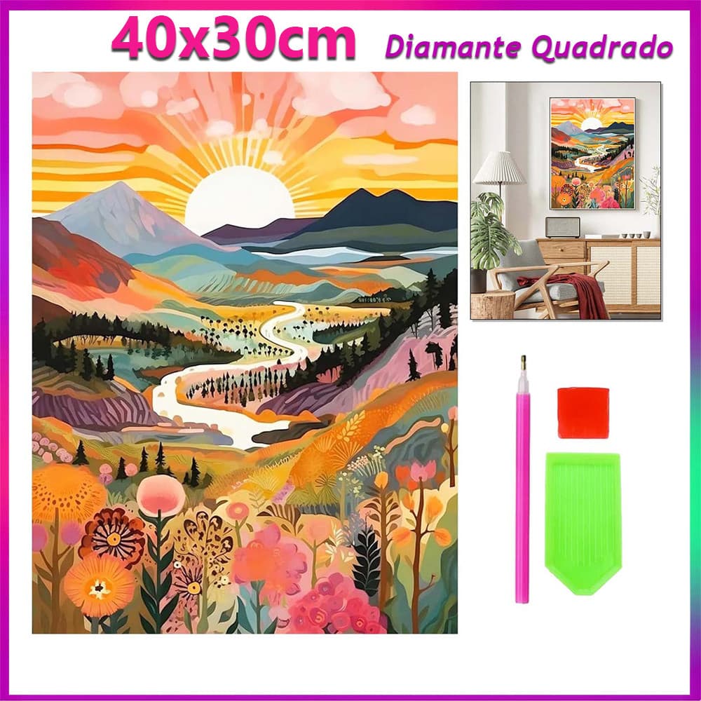 40x30cm Pôr do Sol e Rio pintura de diamante pintura de diamante 5D decoração de parede doméstica  Diamante quadrado