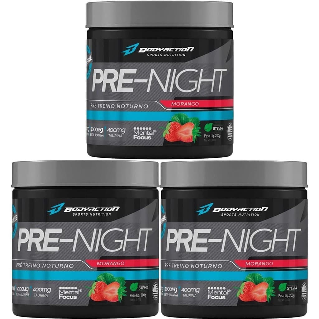 Kit 3X Pre-Night Pré Treino Noturno - 200g Morango - BodyAction