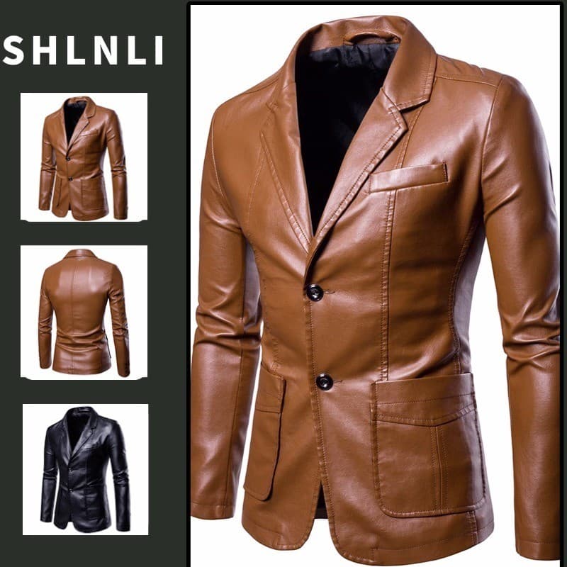 Jaqueta Masculina De Couro Versátil Com Gola Slim Fit Outono Inverno Cor Sólida Casaco