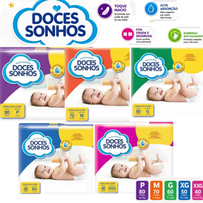 Fralda Descartável Infantil Doces Sonhos | Alta Absorção,Conforto e Economia P/M/G/XG/XXG