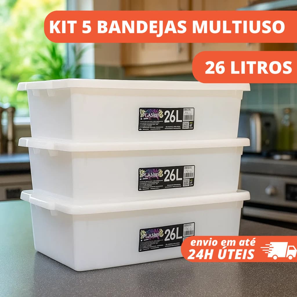 Kit 5un Caixas Multiuso 26l com Tampa Caixa Plástica Organização Alimentos