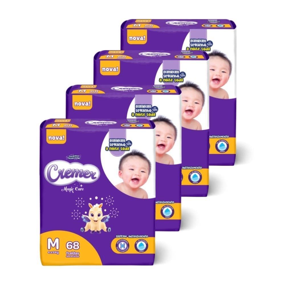 Fralda Descartável Cremer Magic Care Tamanho M - 4 Pacotes com 68 Fraldas - Total 272 Tiras