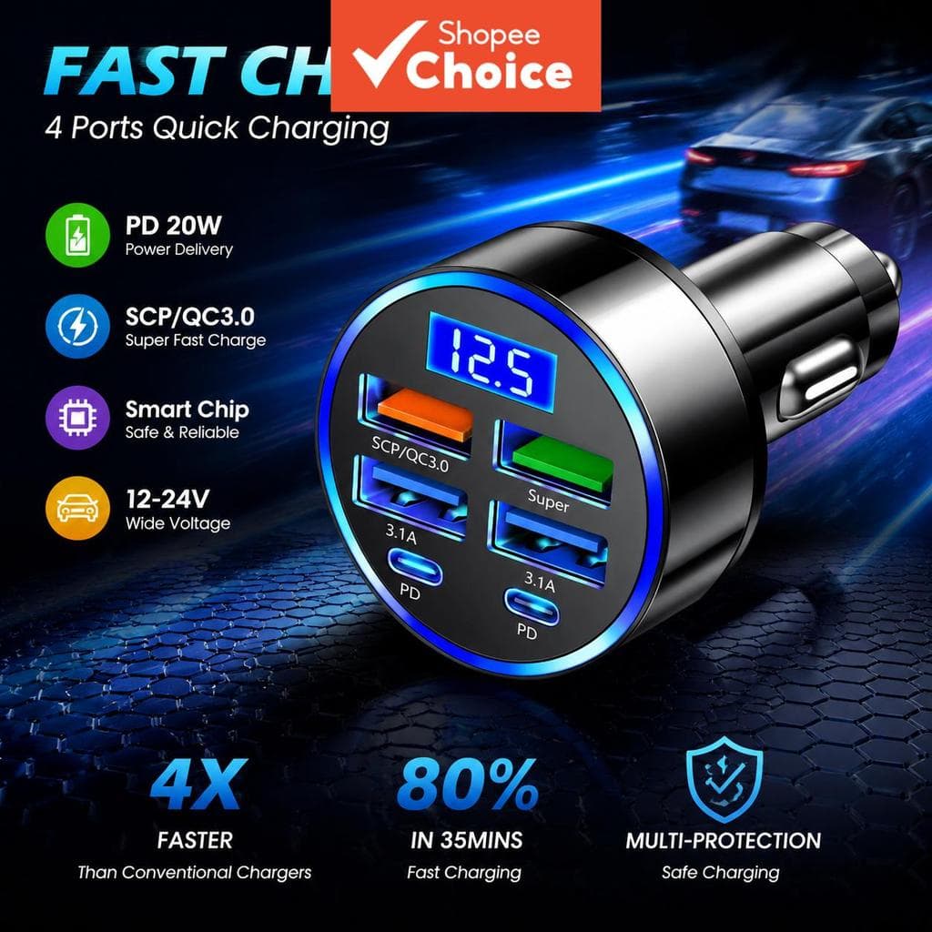 Carregador Veicular Rápido PD QC3.0 com 5 Portas, Adaptador Isqueiro 1 para 6, Carregador Flash com Display Digital