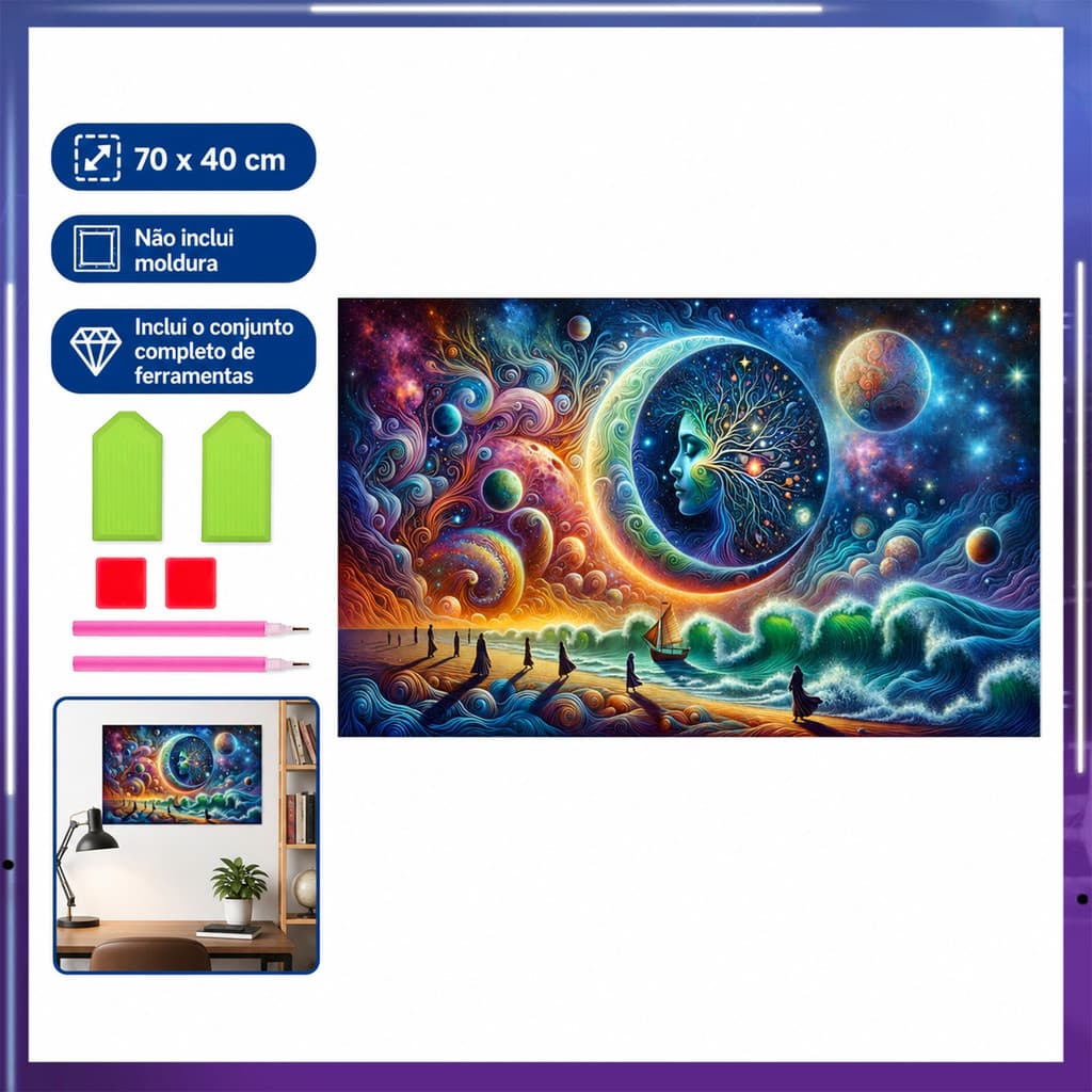 Pintura de Diamante 5D Lua à beira-mar 70x40cm Broca Quadrada – artesanato terapêutico, decoração criativa, presente