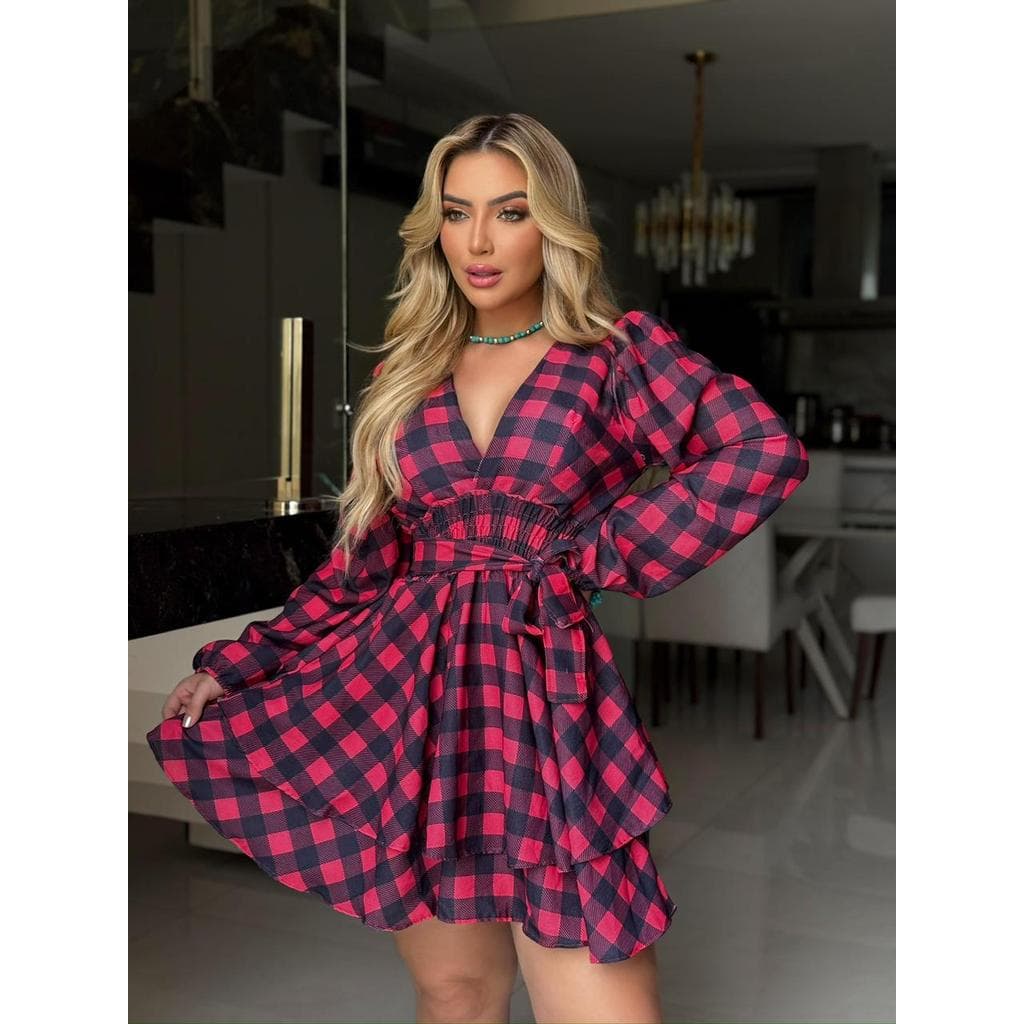 Vestido Xadrez Feminino Curto - Vestido Risca Giz - Vestido Animal Print Manga Bufante e Saia em Camadas Veste 36 a 44