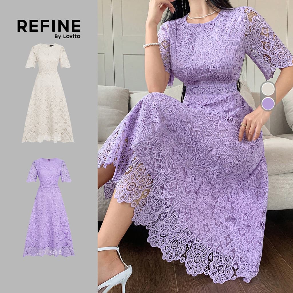 (Refine by Lovito)Vestido Elegante de Renda Oca com Babado Exagerado para Primavera/verão Roxo Feminino Bordado LR35E050