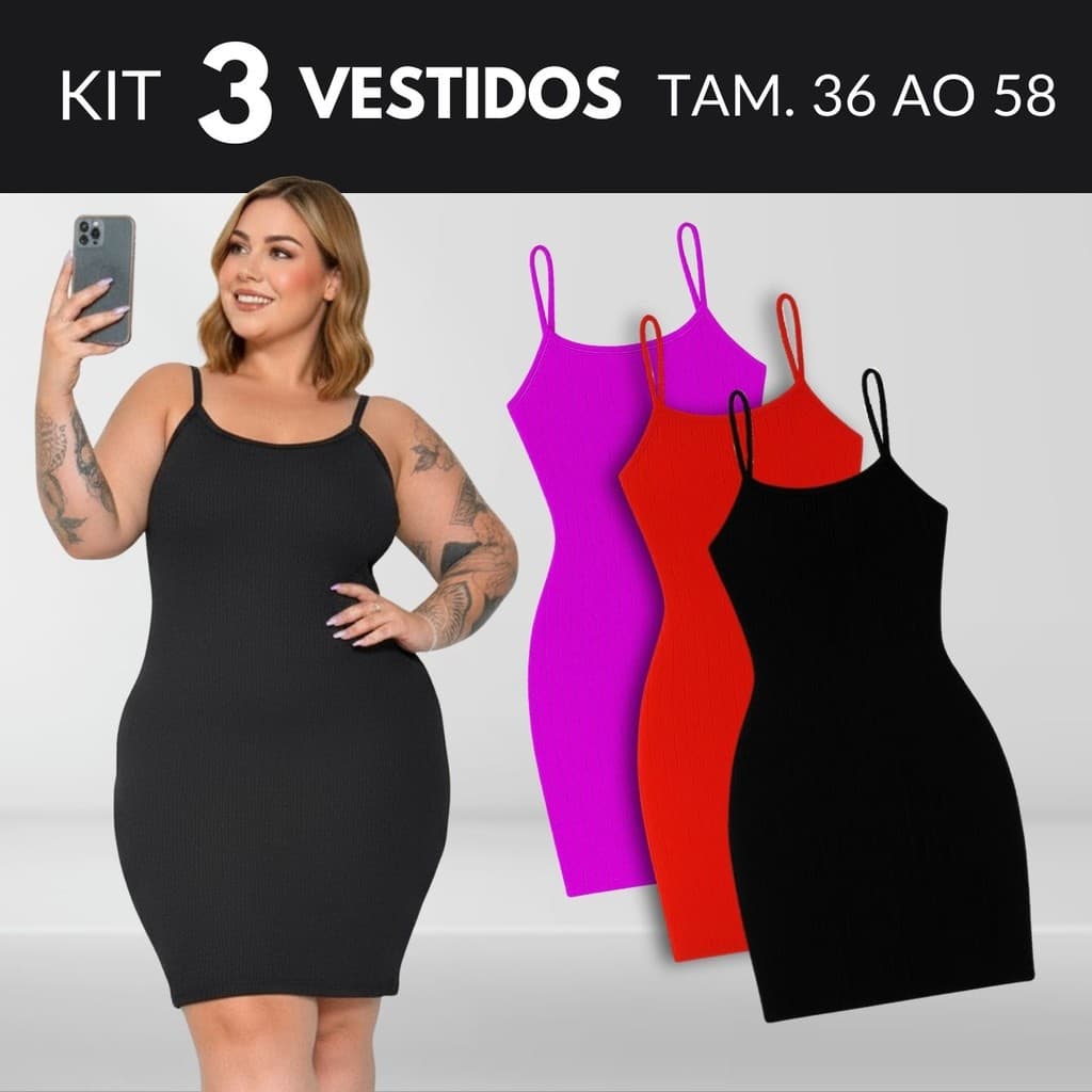 KIT 3 Vestido Plus Size Vestidos Vestido Canelado Roupas Midsize Vestido Tubinho Tamanho 36 Ao 58