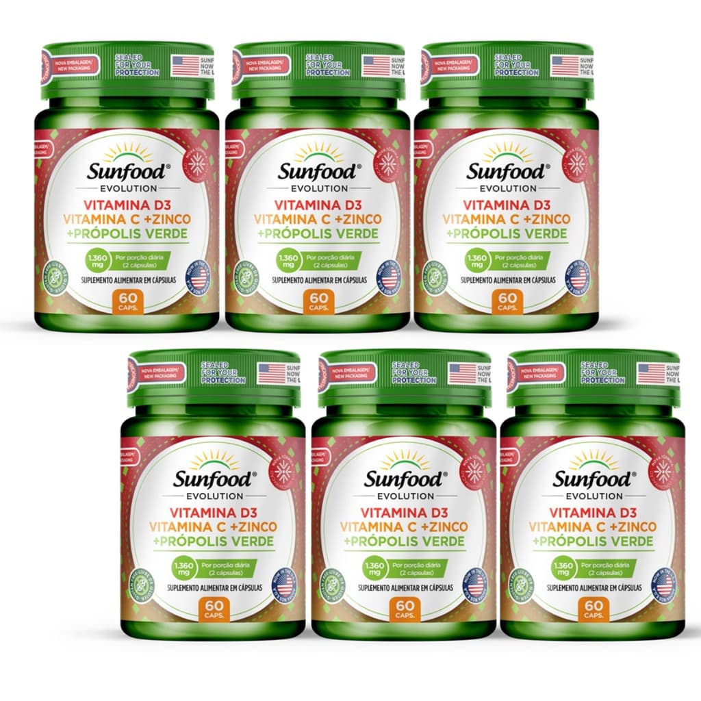 Kit 6 Vitamina D3 Vitamina C Zinco Propolis Verde Evolution Sem Sabor