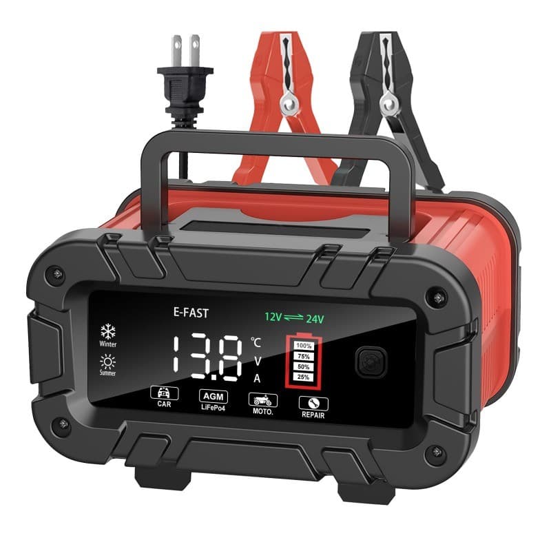 Carregador de Bateria E-FAST 10A, Carregador Portátil de Bateria de Chumbo-Ácido LiFePO4 12V 24V Atualizado