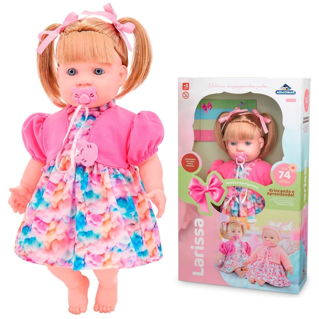 Boneca Bebê Larissa Loira Fala 74 Frases Educativas Com Chupeta Porta Retrato Vestido Rosa - Adijomar