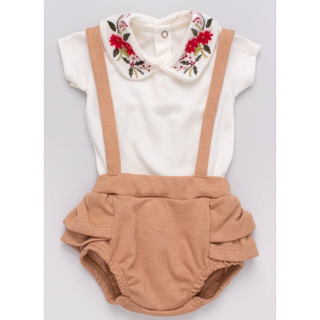 TAM. RN - Conjunto bebê body e tapa fralda salopete flores, recém-nascido