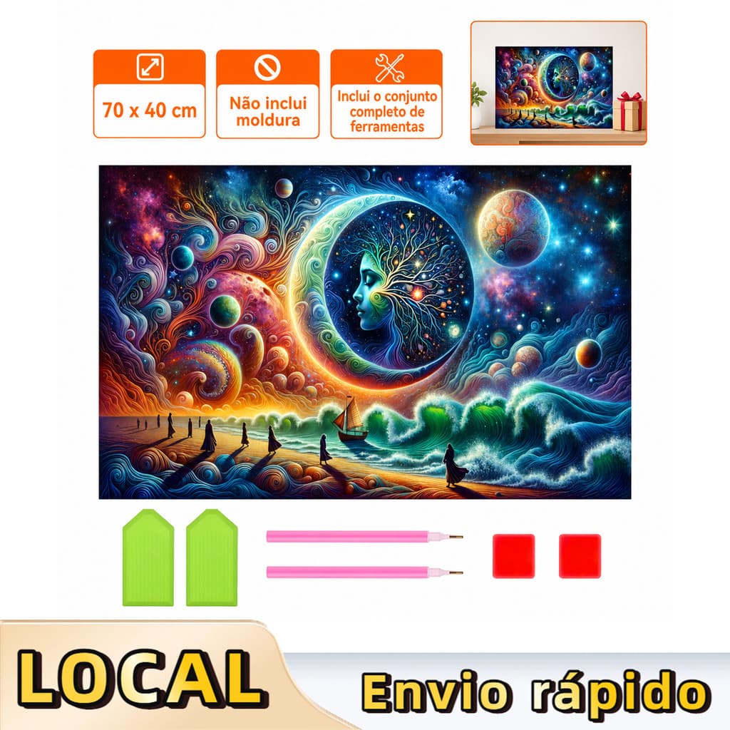 Pintura de Diamante 5D Lua à beira-mar 70x40cm Broca Quadrada – ferramentas inclusas, prática, relaxante, arte moderna