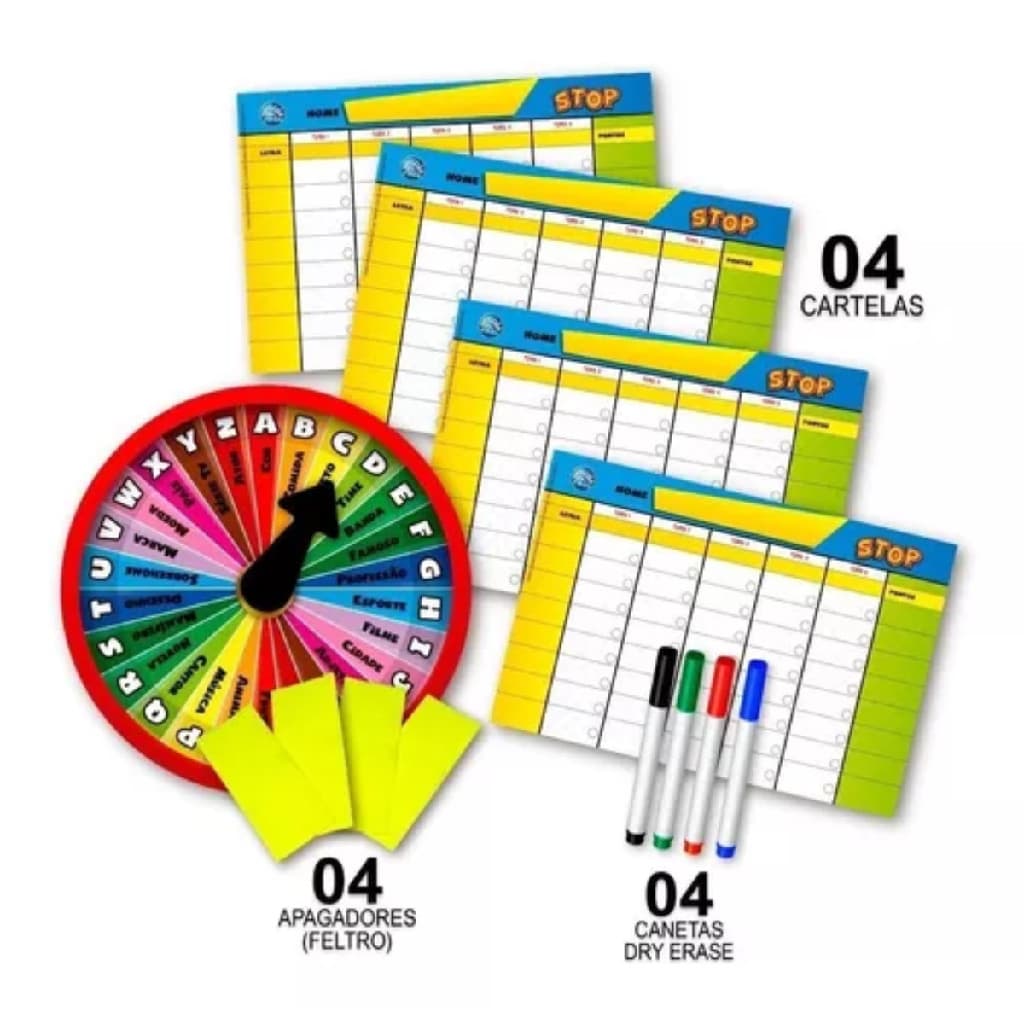 Stop Jogo Infantil Diversao Familia Crianca 1 Roleta 4 Catelas 4 Canetas Dry Eraser Escrever