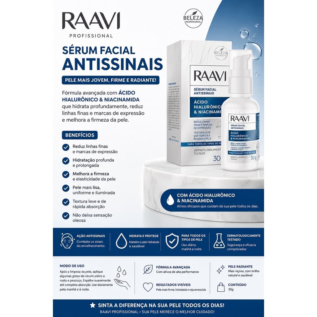 Sérum Facial Antissinais Raavi (30g) Hidratação Intensa, Firmeza, Anti-Idade e Redução de Linhas