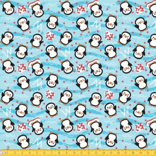 Tecido Tricoline Estampado Pinguim Azul Criativo Painel Decor Ateliê Tecido Artesanato Patchwork