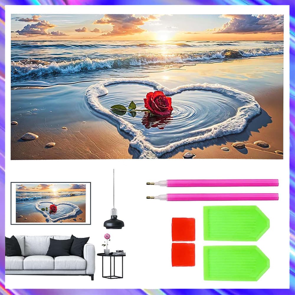 Mar e Rosa, pintura com diamantes quadrados 5D DIY, kit completo de ferramentas para pintura com diamantes, 70 x 40 cm