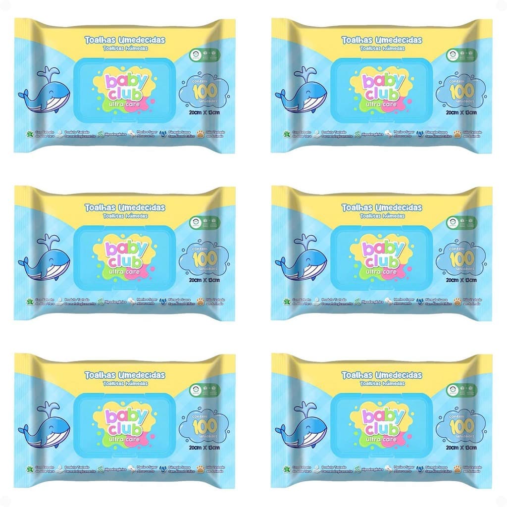 Kit Baby Club Ultra Care: 6 Pacotes Toalhas Umedecidas Baby 20x13cm Com 100Un