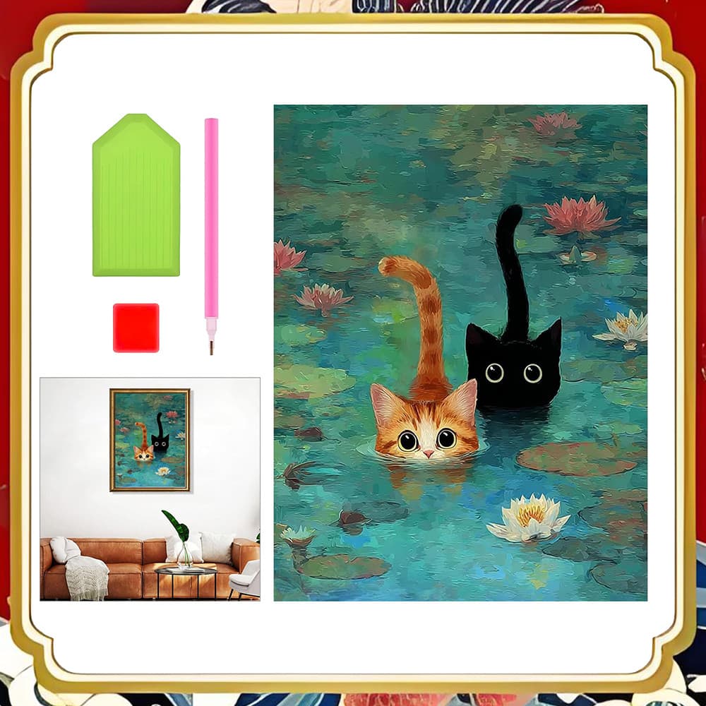 30 x 40 cm, Conjunto de Decoração de parede para casa quadrados pintura diamante Gato na Água arte diamante 5D DIY