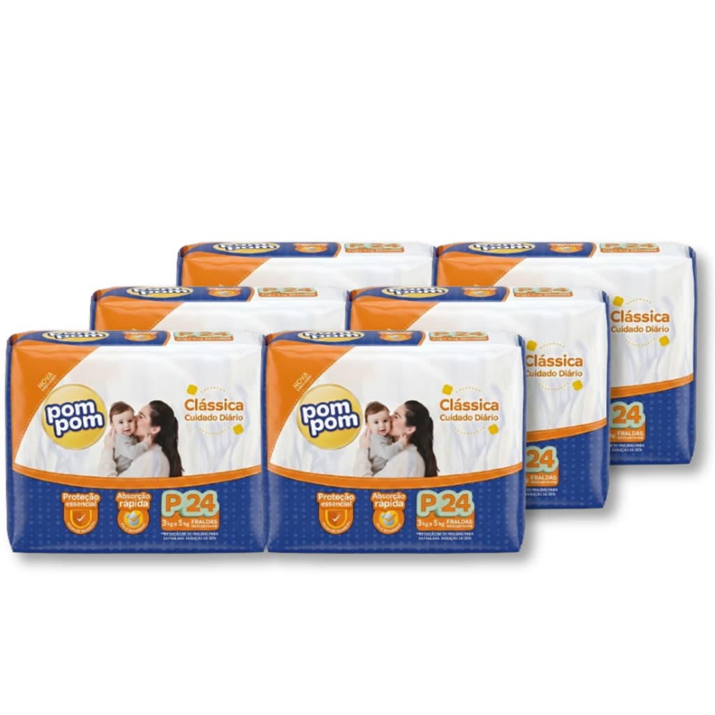 Kit 6 Fralda Descartável Pom Pom Clássica Tamanho P Pacote Jumbo - Totalizando 144 Unidades