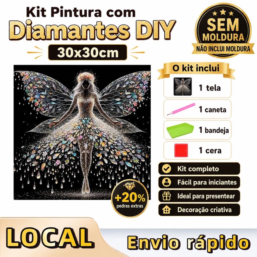 Pintura de Diamante 5D Fada de Borboleta 30x30cm Broca Quadrada – pontos de diamante, tela autoadesiva