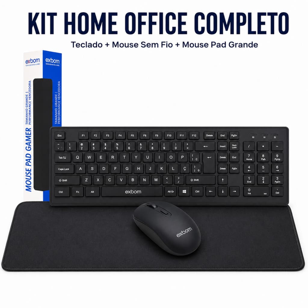 KitTeclado Mouse Sem Fio para Notebook Preto ABNT2 Mouse Pad Grande Sem Estampa Ergonomico Home Office Escritorio Exbom