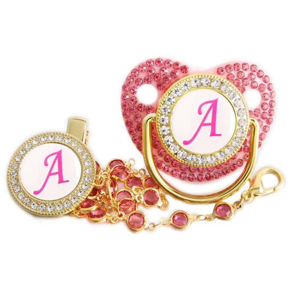 Chupeta de Luxo para Bebê com Clipe de Corrente e Letra Inicial, Cristal Rosa, Silicone, Presente para Bebê 9XHX