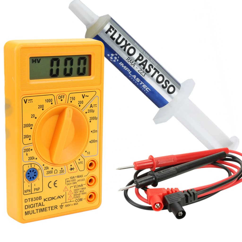 Kit Multímetro Digital DT 830B + Fluxo Pastoso Seringa 10g