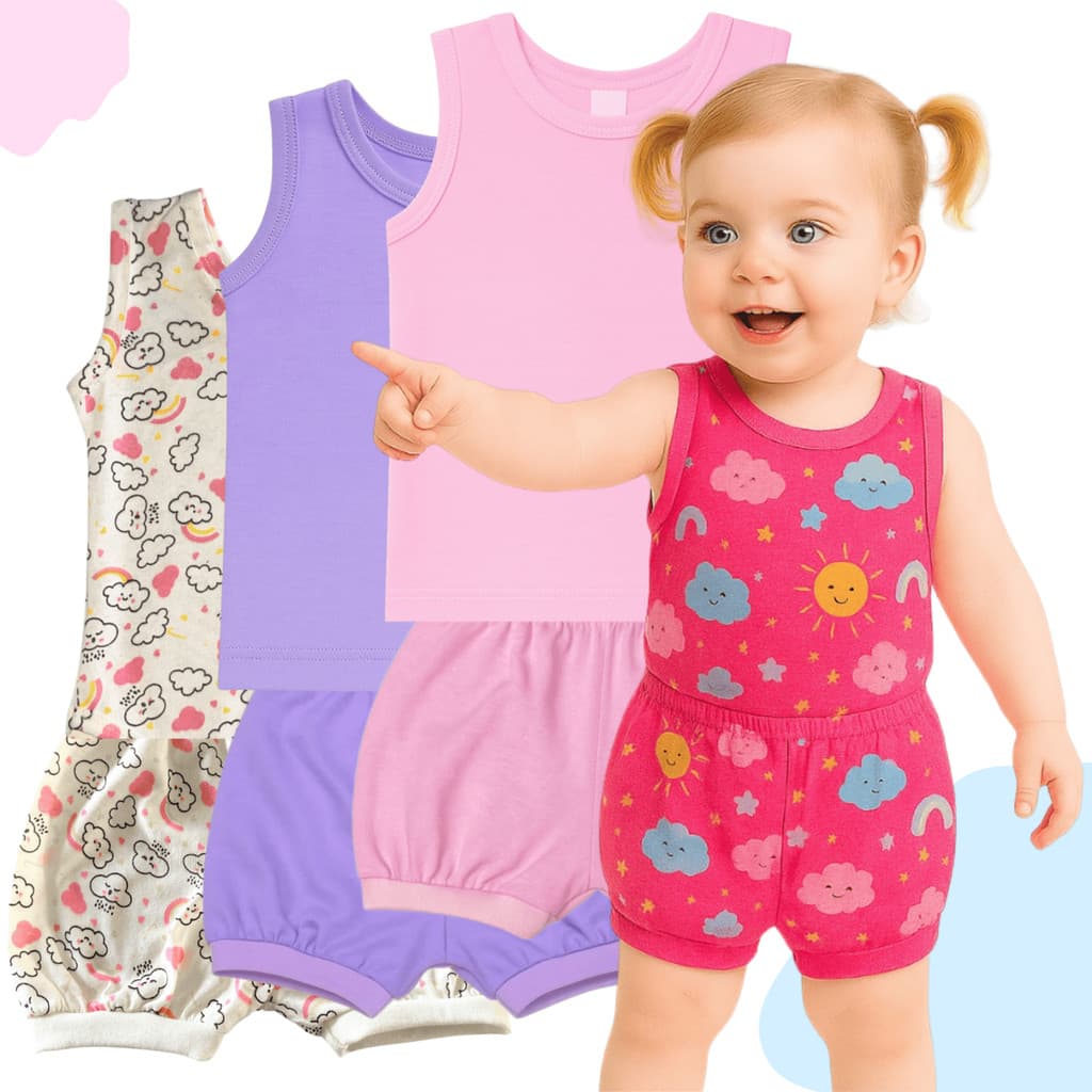 Kit 3 Conjunto Infantil Regata Camiseta e Short Tapa Fralda Liso Estampado Conjunto Pijama Menina Menino Verão Calor