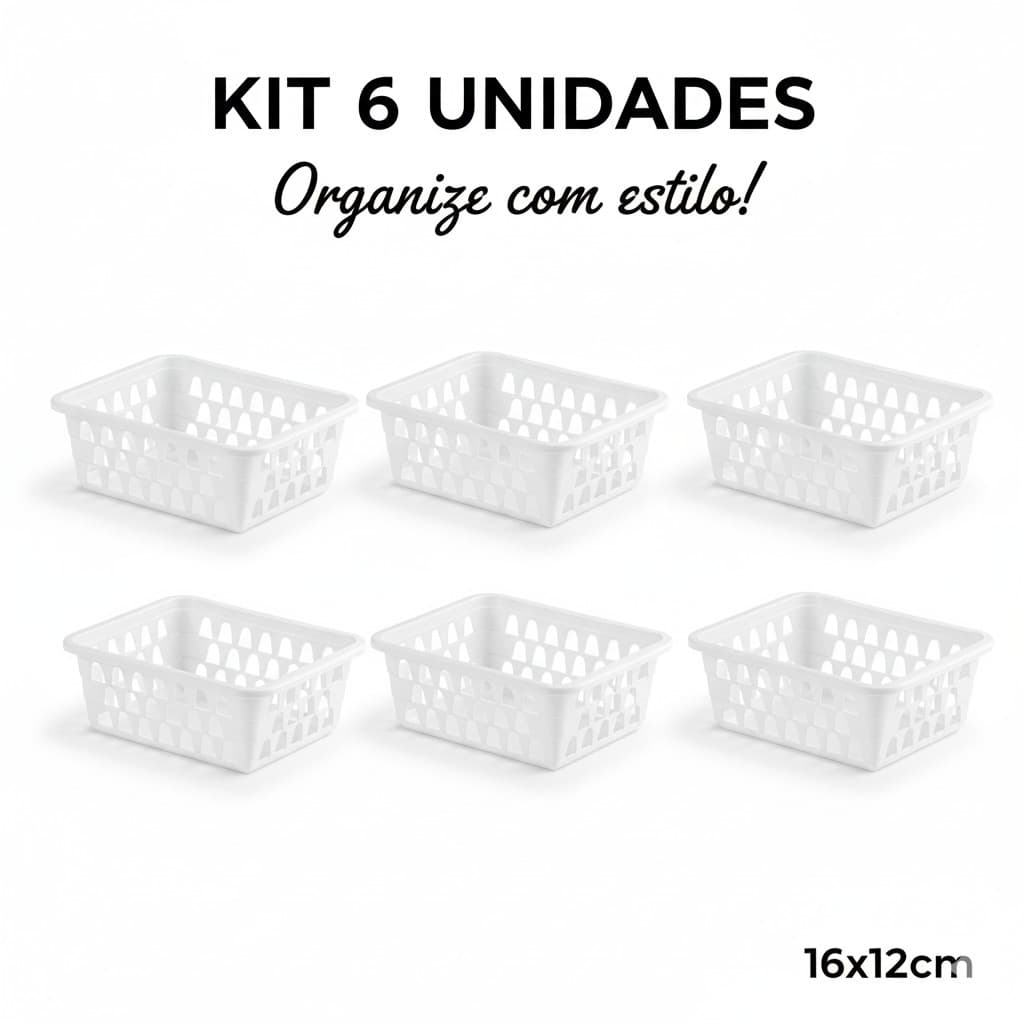Kit C/ 6 Cesto Organizador Branco de Plástico P/ Banheiro Armário 16x12x06