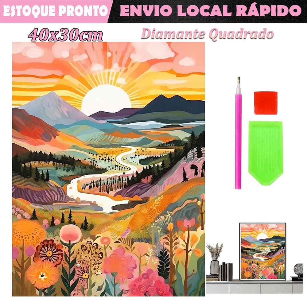 Pôr do Sol e Rio Diamante quadrado pintura de diamante 5D faça você mesmo de diamante pintura 40x30cm