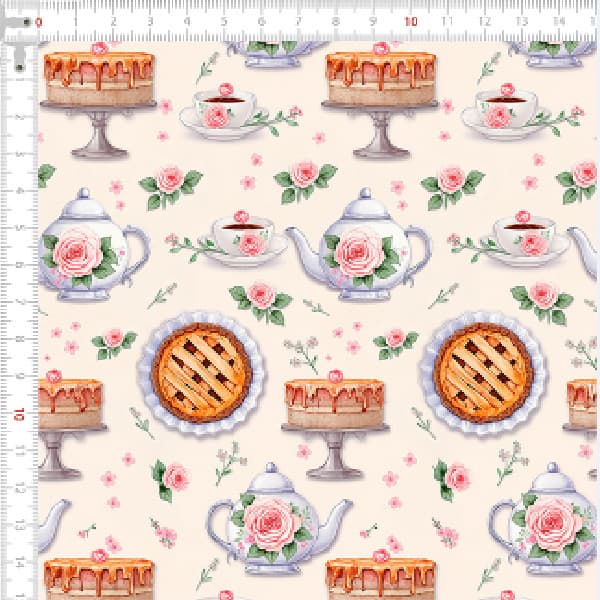 Tecido Tricoline Estampado Chá das Cinco com Rosas  Ateliê Bolsa Artesanato Patchwork Pano