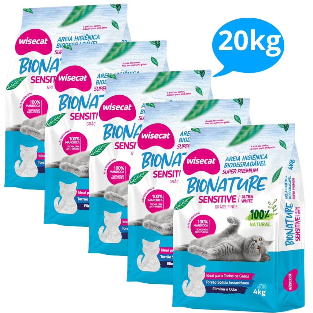 Kit 5 Areia Sanitária De Mandioca Grãos Finos Para Gatos Biodegradável Wisecat 4kg