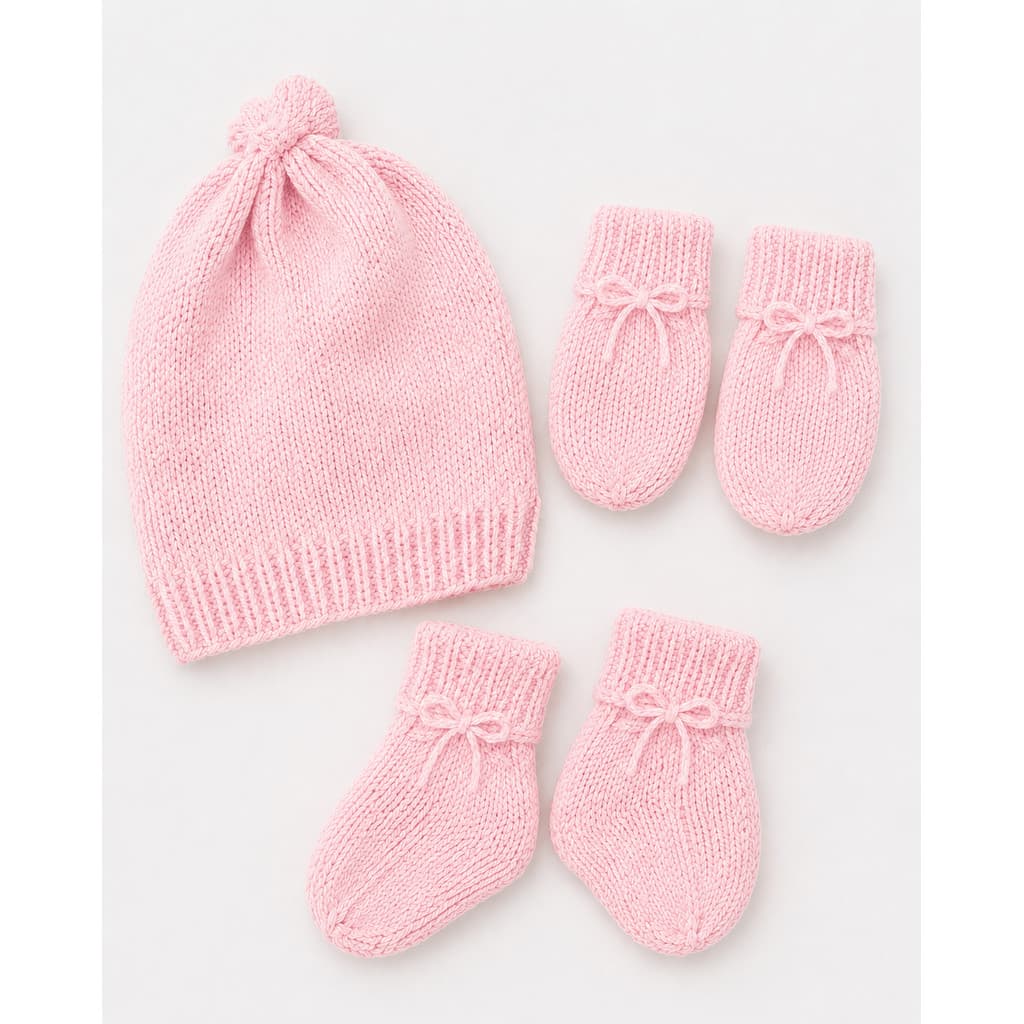 Kit Touca Gorro Luva e Sapatinho Tricô Lã Liso para Bebê Recém Nascido Enxoval Inverno Saída Maternidade e Chá de Bebê