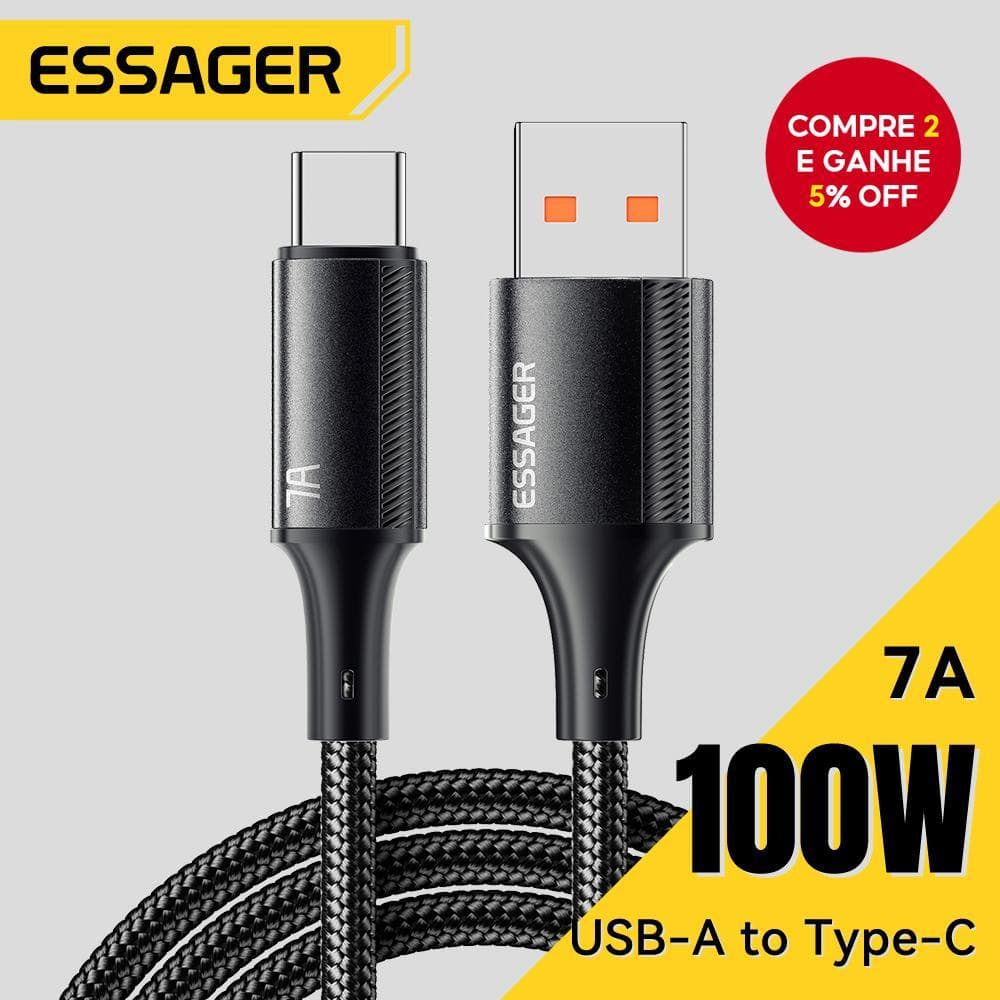  Cabo USB C rápido ESSAGER 7A, 100W, cabo de carregamento rápido e cabo de dados em fio para MacBook, Xiaomi, Samsung,