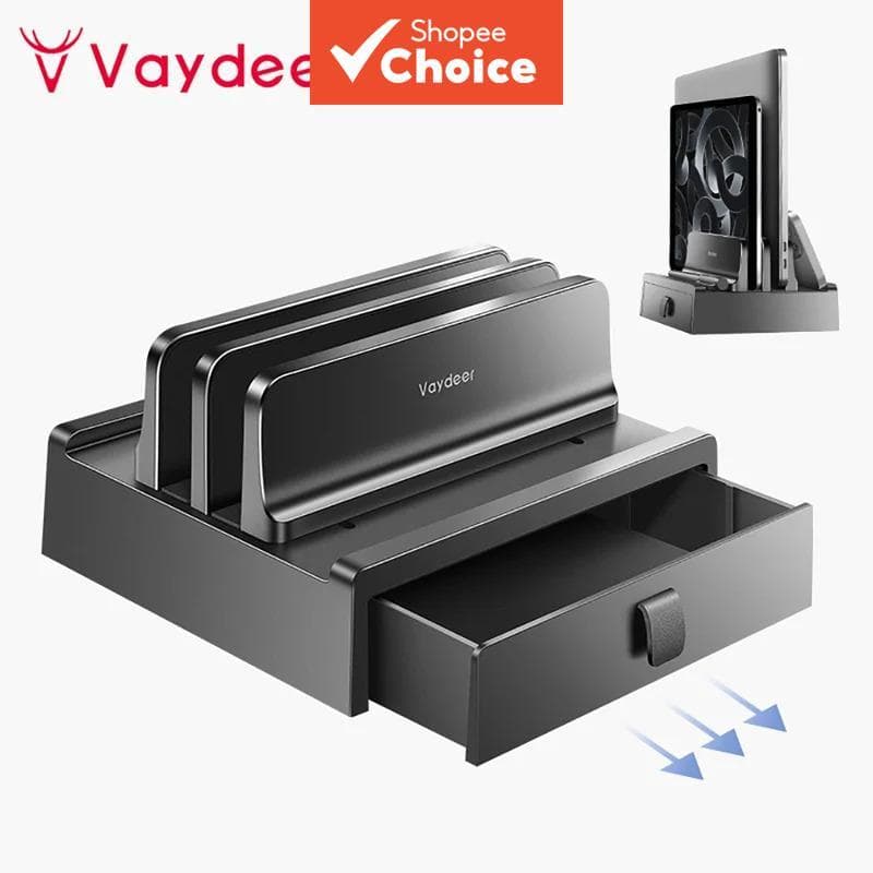 Suporte Vertical para Notebook Vaydeer com Gaveta, Duplo Slot para Notebooks de Plástico com Design que Economiza Espaço