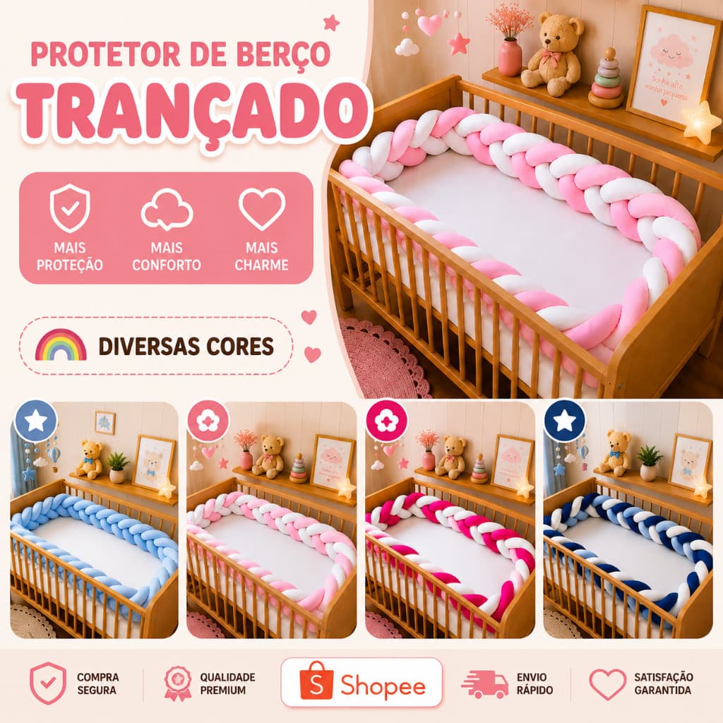 Trança 2,50 ou 4 metros protetor de berço e mini cama rosa pink azul bebê marinho rosê menino menina