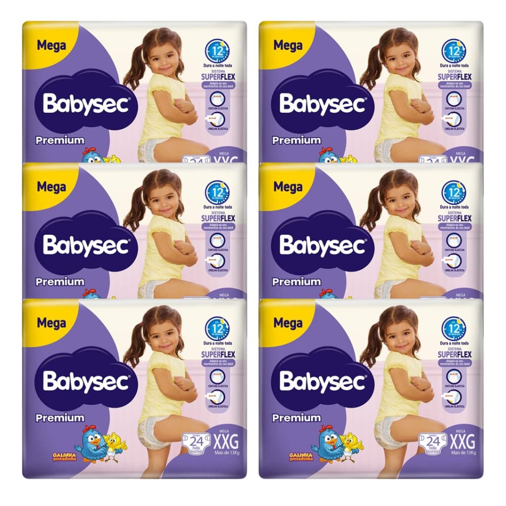 Pacote Econômico 6x Fralda BabySec Premium Mega XXG Galinha Pintadinha 24 Unidades