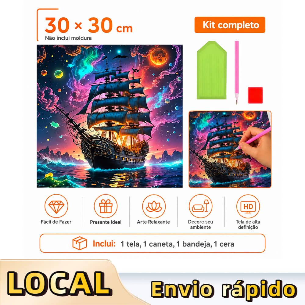 Pintura de Diamante 5D Nave do Céu Estrelado 30x30cm Broca Quadrada – ferramentas inclusas, prática, relaxante