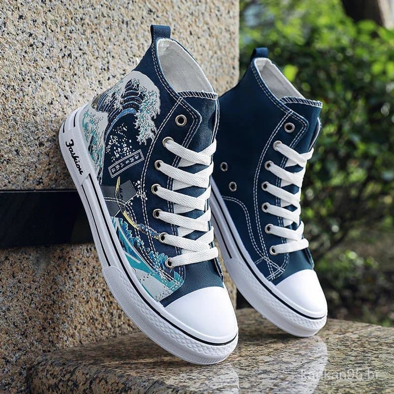 Novos tênis masculinos de cano alto em lona, sapatos casuais masculinos da moda, tênis esportivos para estudantes.