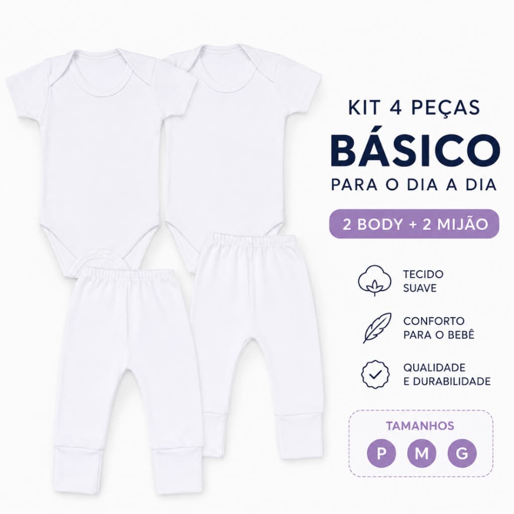 Kit Enxoval Bebê 4 Peças Branco Liso 2 Body Manga Curta e 2 Mijão - Satuko baby