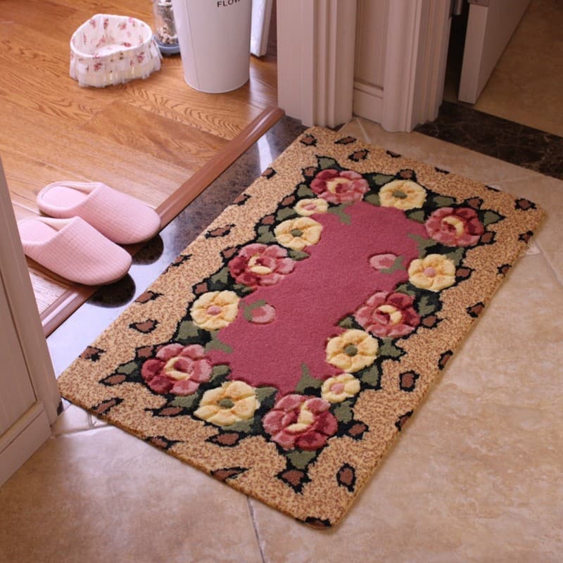 Pastoral corte flor rosa flor tapete antiderrapante tapete de porta pé sala estar quarto porta entrada