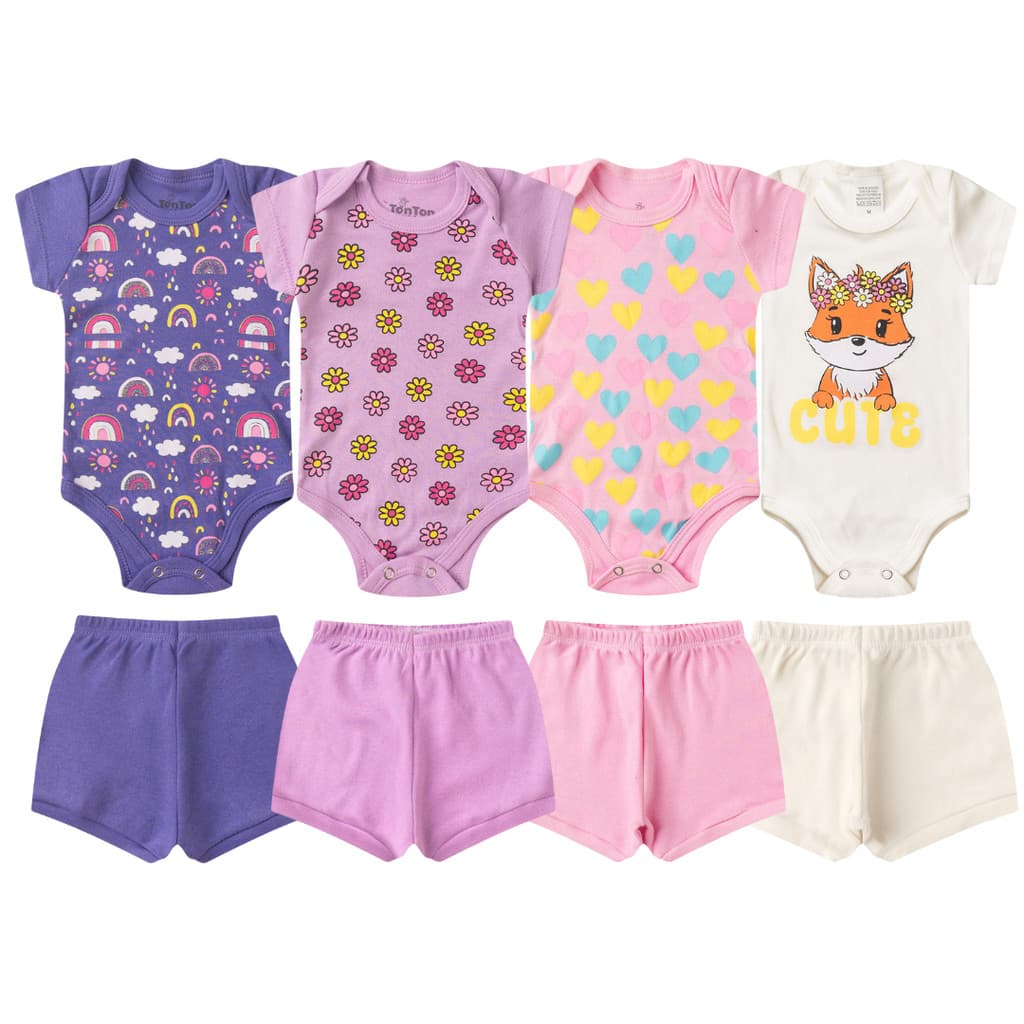 Kit 4 Peças Bebê Menina Verão Premium | 2 Conjuntos Body + Short | Algodão Macio | RN ao GG