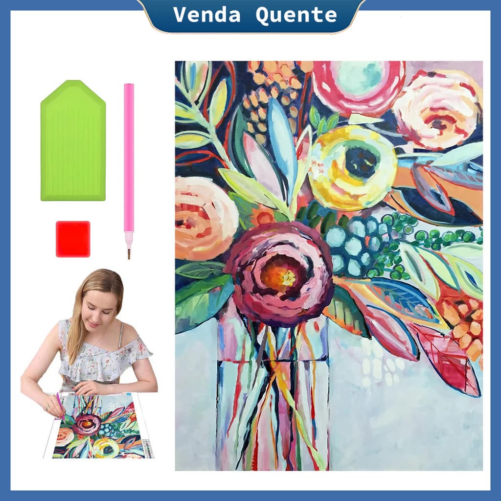 "Buquê em vaso" pintura diamante 40x30cm, pintura diamante 5D, decoração de parede pintura artesanal